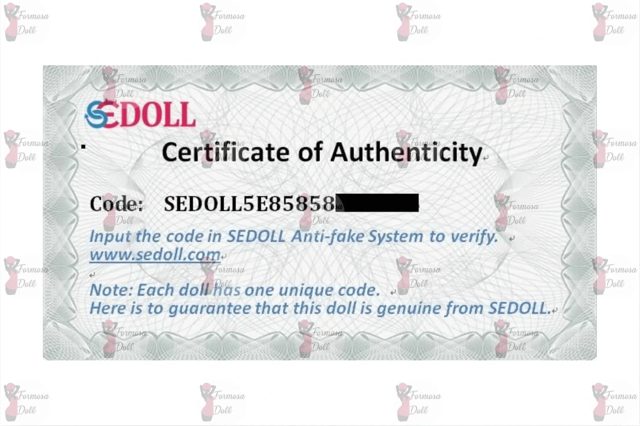 Certificate of Authenticity for a SEDOLL product with a unique code.