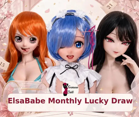 ElsaBabe anime doll faces with numbered raffle tickets for the monthly lucky draw.
