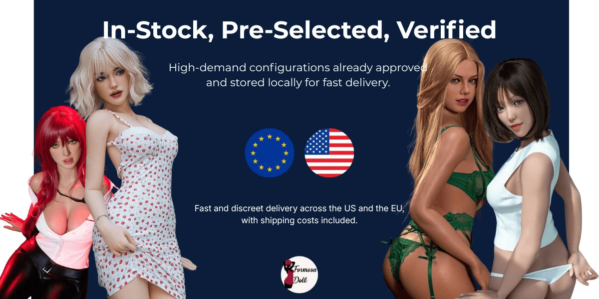 English version of a promotional banner with Verified in-stock sex dolls already in Europe and USA, ready for fast delivery.
