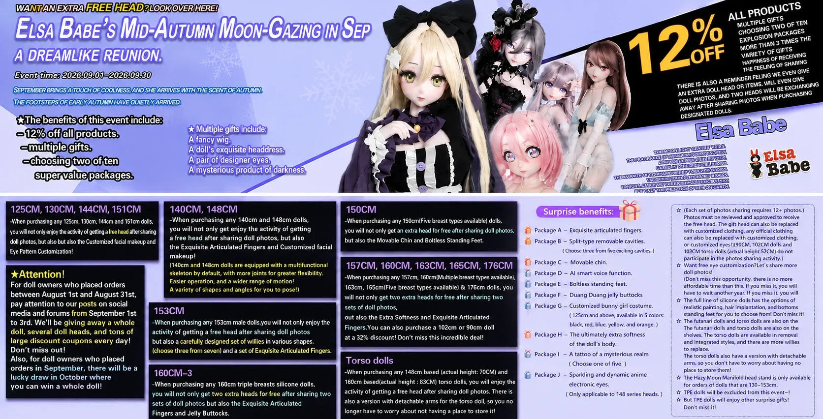 A promotional flyer for 'Elsa Babe' featuring anime-style character illustrations, pricing information for different sizes (120CM, 140CM, 160CM, 190CM, 210CM), and a '12% OFF' discount banner on a purple background.