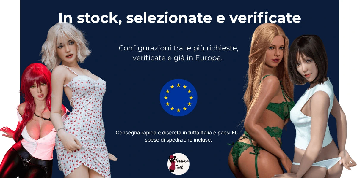 Versione italiana di un banner promozionale con sfondo blu che mette in evidenza sex doll in stock, verificate, già in Europa e pronte per una consegna rapida.