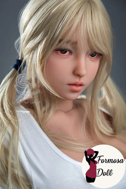Close-up of a doll with blonde hair and a white top, branded 'Formosa Doll'.