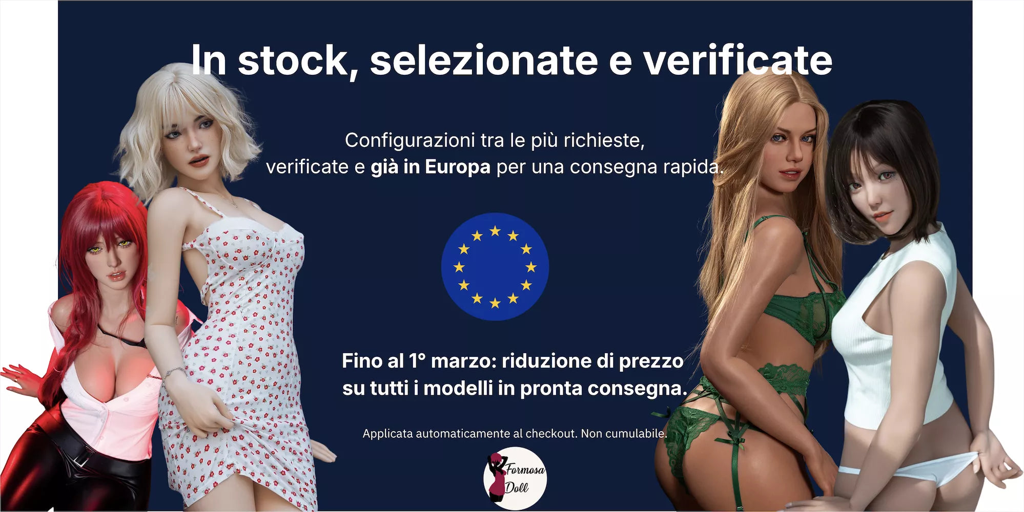 Versione italiana di un banner promozionale con sfondo blu che mette in evidenza sex doll in stock, verificate, già in Europa e pronte per una consegna rapida.
