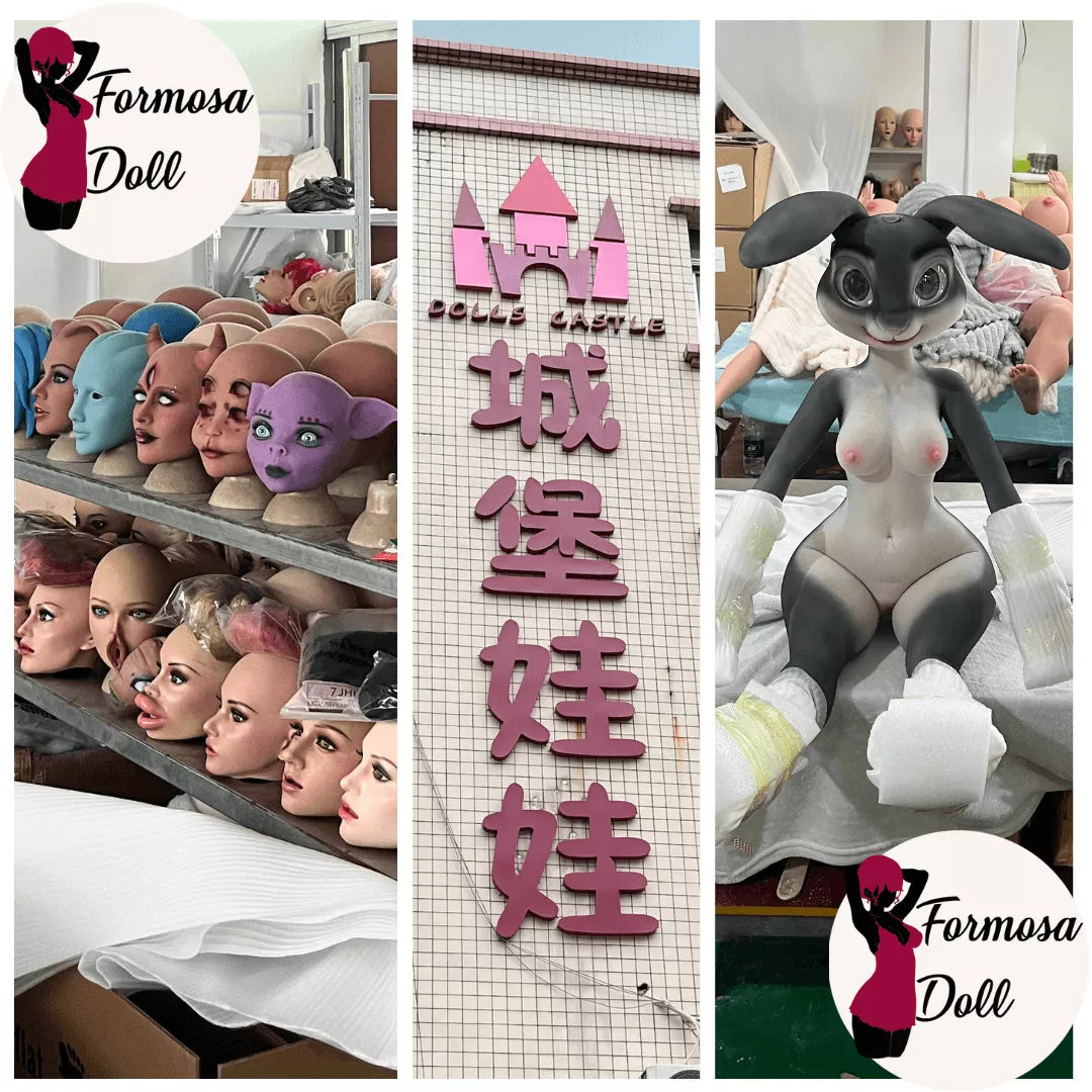 Dolls Castle factory exterior sign and fantasy doll head line-up, verified by Formosa Doll. Rabbitie model with protected paws ready for shipping from the silicone workshop.