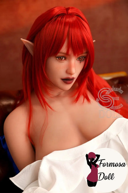 SEDOLL sex doll with red hair and pointed ears wearing a white garment, with 'Formosa Doll' branding.