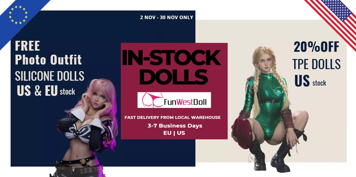 Promotional banner for Fun West Dolls US and EU in stock dolls availability and discounts.