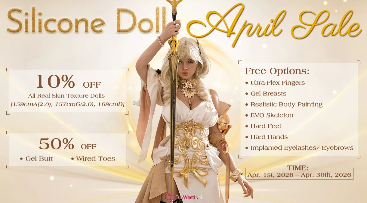 FunWestDoll April advertisement for a silicone doll sale with promotional text and a model in a costume.