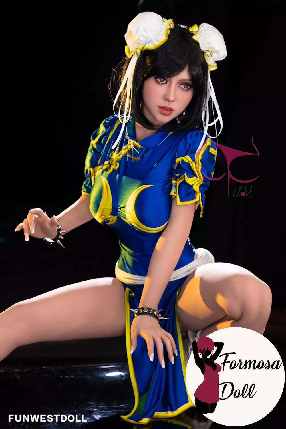 Chun Li inspired 155 cm TPE full size sex doll by FunWestDoll in squat position, featuring 'FormosaDoll' branding.