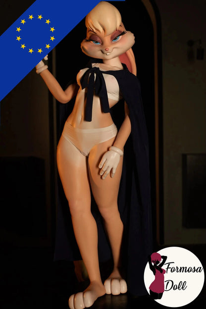 Lola Bunny sex doll character figure with a dark cape, standing against a dark background, featuring the Formosa Doll logo.