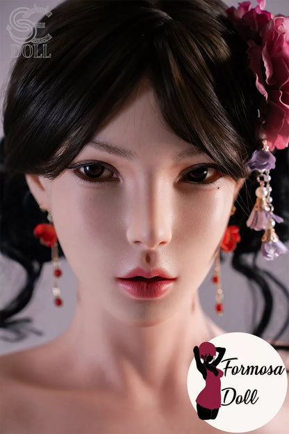 Extreme close-up of Lumi B face texture details featuring the Formosa Doll logo.