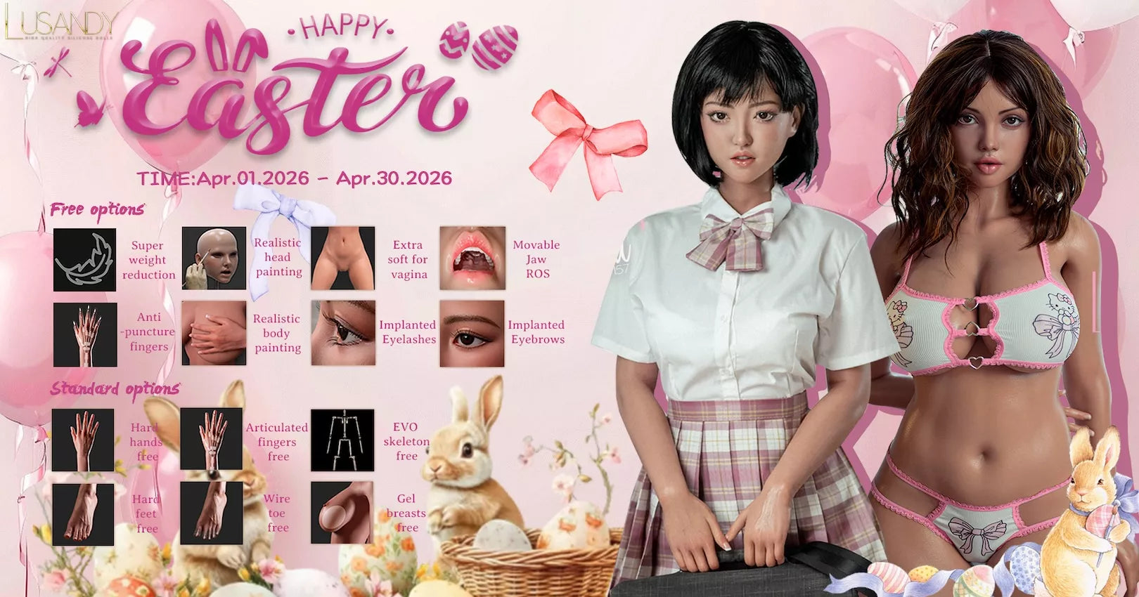 Two Lusandy dolls promoting the April offer with Easter-themed decorations and product options displayed.
