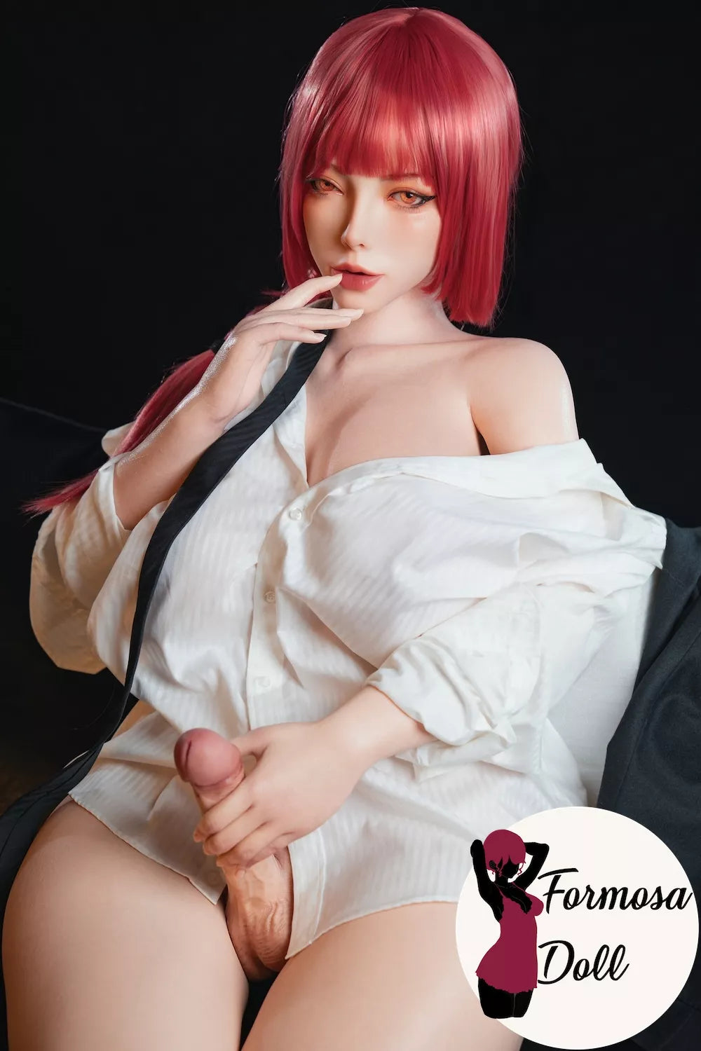 Futanari Makima torso with arms, red hair, anime cosplay styling and compact upper-body format