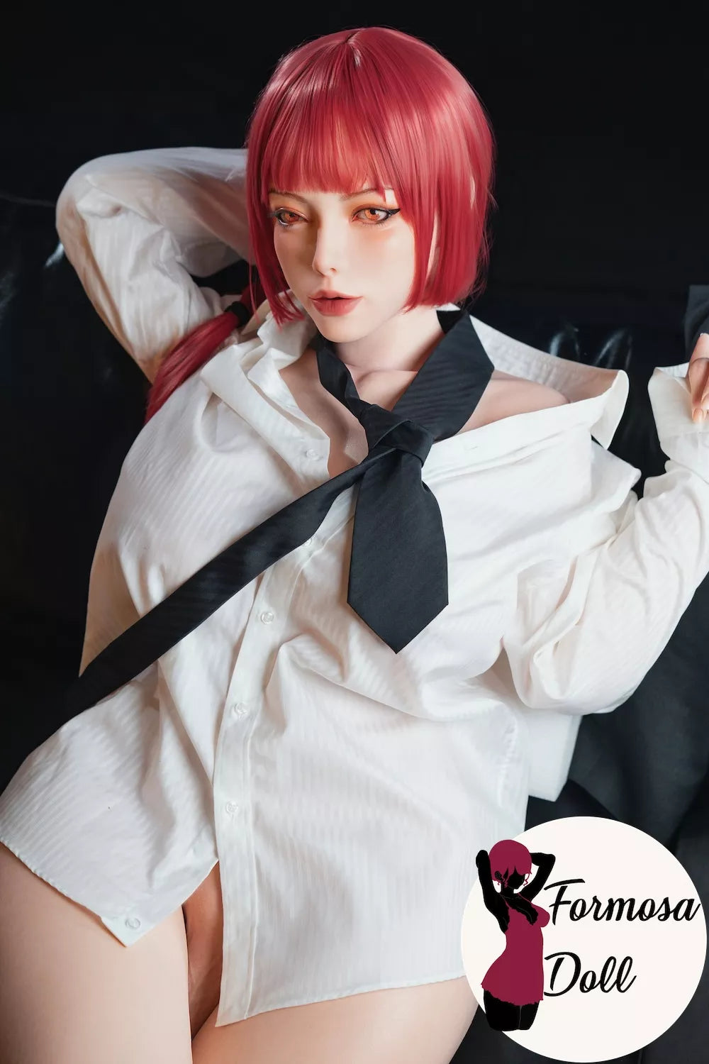 Makima inspired doll with red hair wearing a white shirt and black tie against a dark background, with 'Formosa Doll' logo.