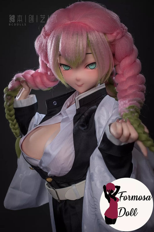 Mitsuri kanroji sex doll anime character figurine with pink hair and green eyes, holding a rope, against a dark background. Brand 'Formosa Doll' visible.