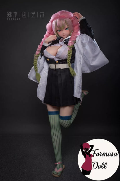 mitsuri sex doll with pink hair and a school uniform on a dark background, featuring the brand 'Formosa Doll'.