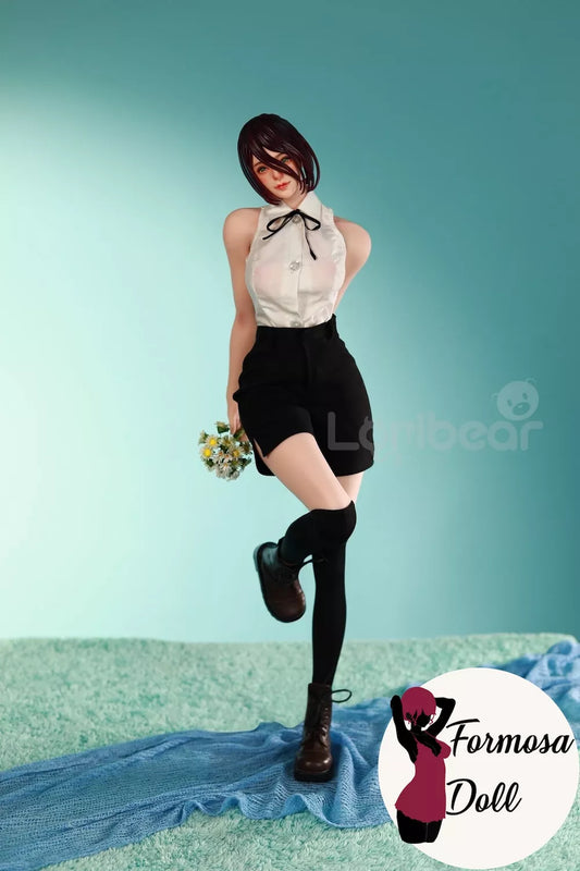 Reze sex doll in a white blouse and black skirt posing against a light blue background with 'Formosa Doll' branding.
